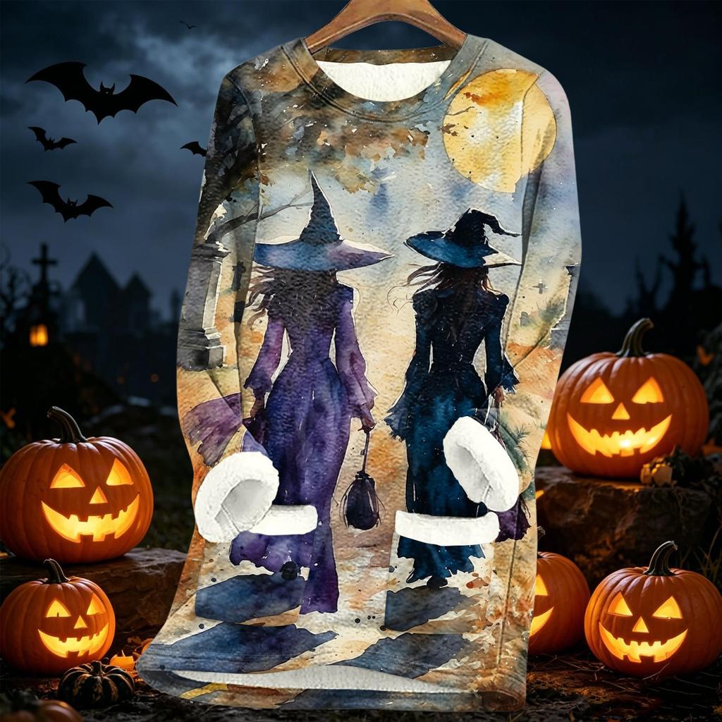 Women's Halloween Print Thick -Lined Lambswool Long Tunic Top for Fall and Winter