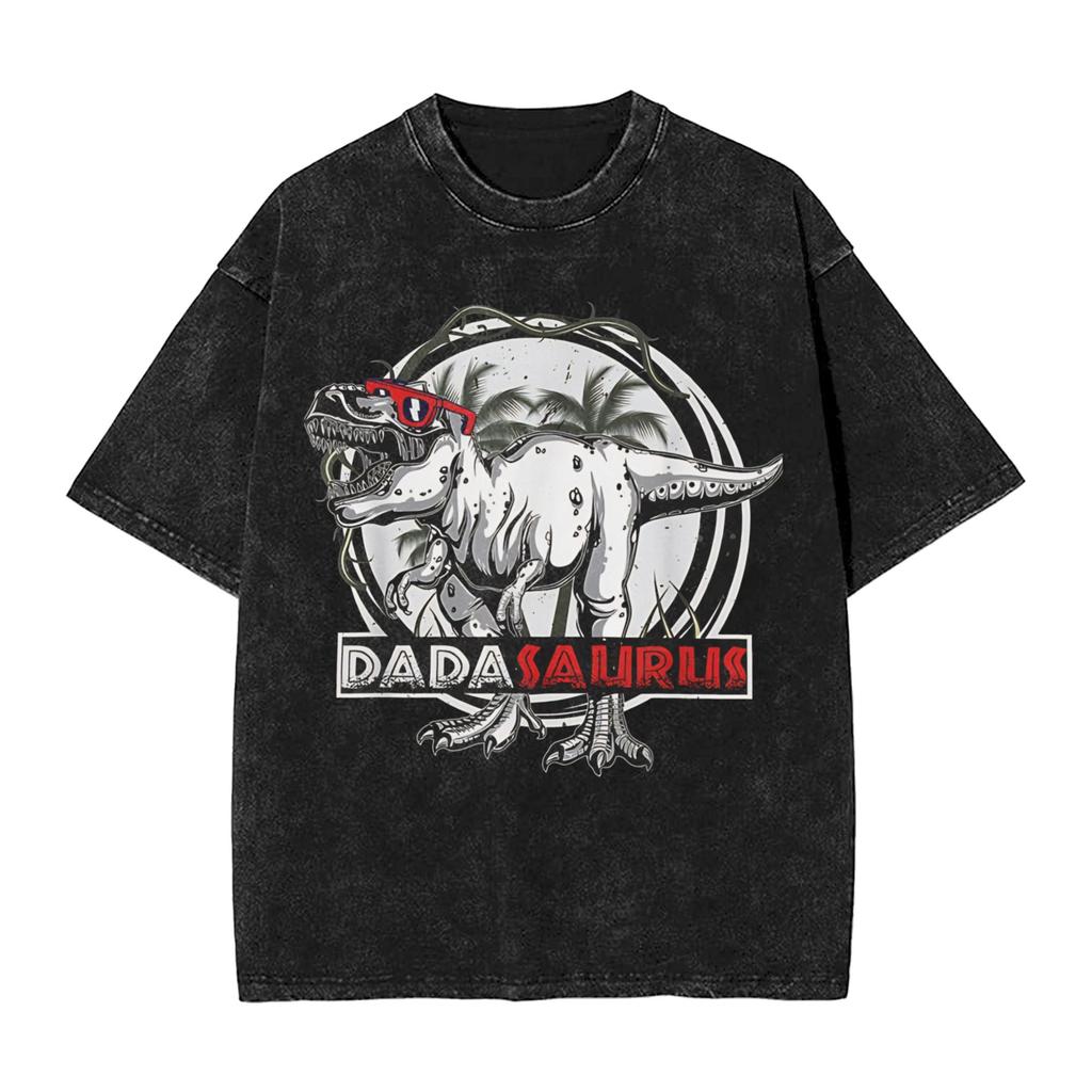Papasaurus Washed TShirt Mens Vintage Casual TShirts Summer Crew Neck Novelty Tee Shirt Simple Oversized Clothing