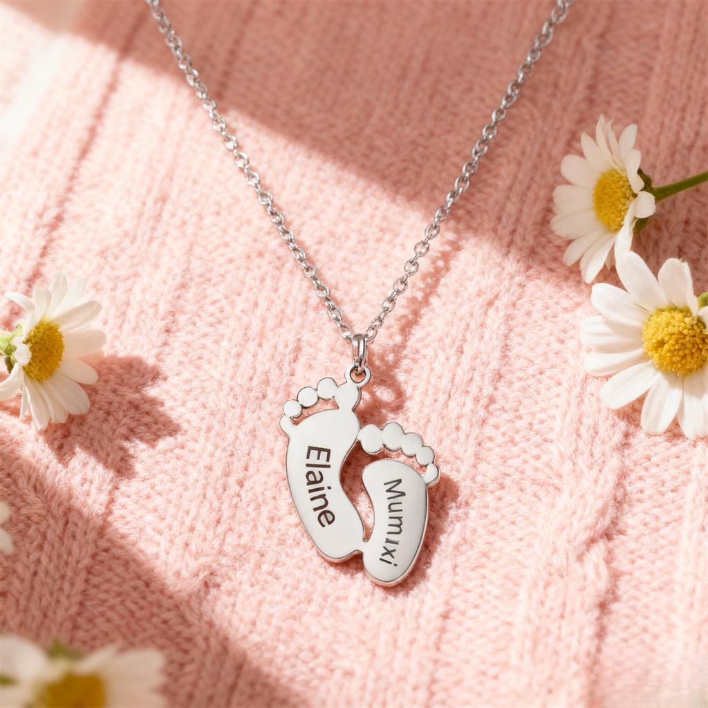 Customized Carving Name Date Foot Necklace Stainless Steel Personalized Necklace Couple Friendship Footprints Family Gift
