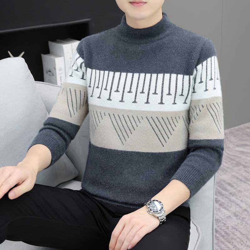 Hot Sale, Autumn and Winter New Printed Semi-turtleneck Sweater Men's Bottom Knitted Sweater Sweater