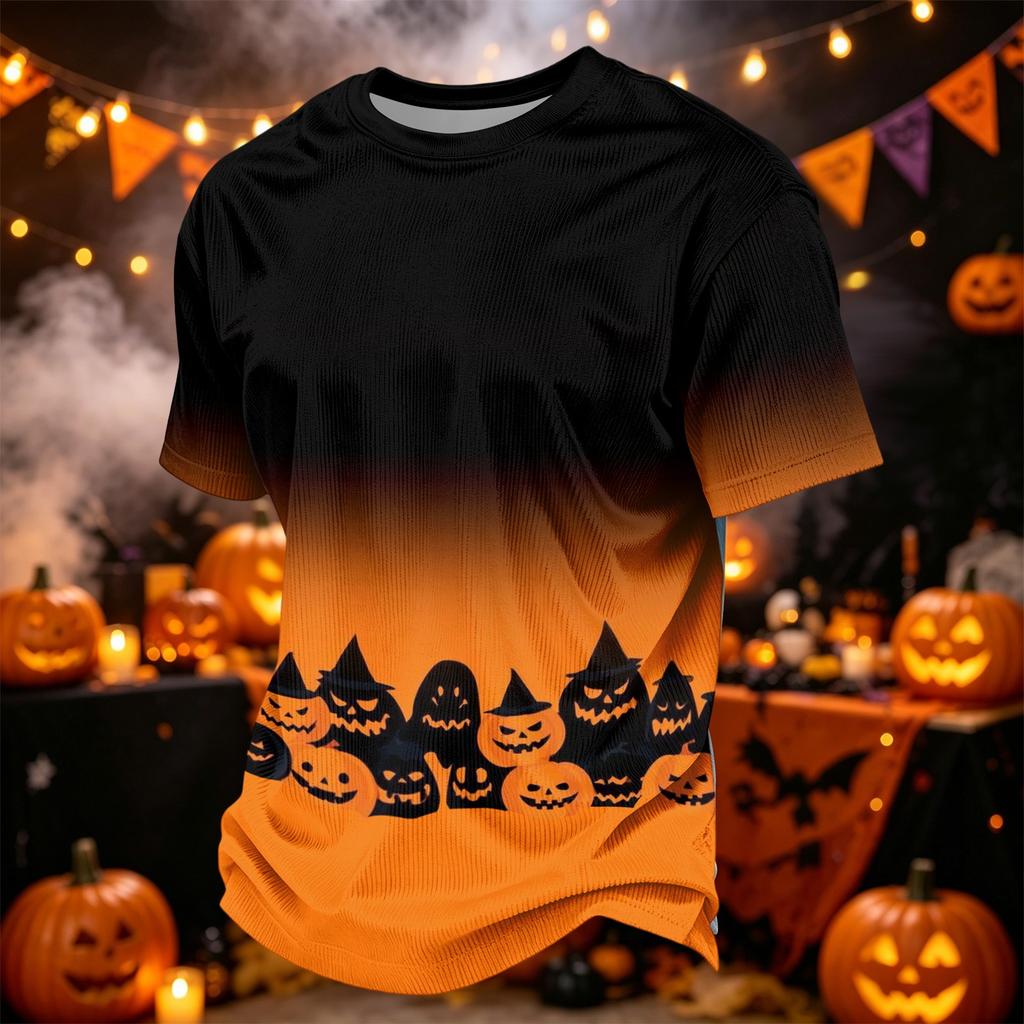 Herren Casual Corduroy Kurzarm Rundhals Leicht Atmungsaktiv Oberteil Halloween-Thema Aufdruck Bequeme Passform