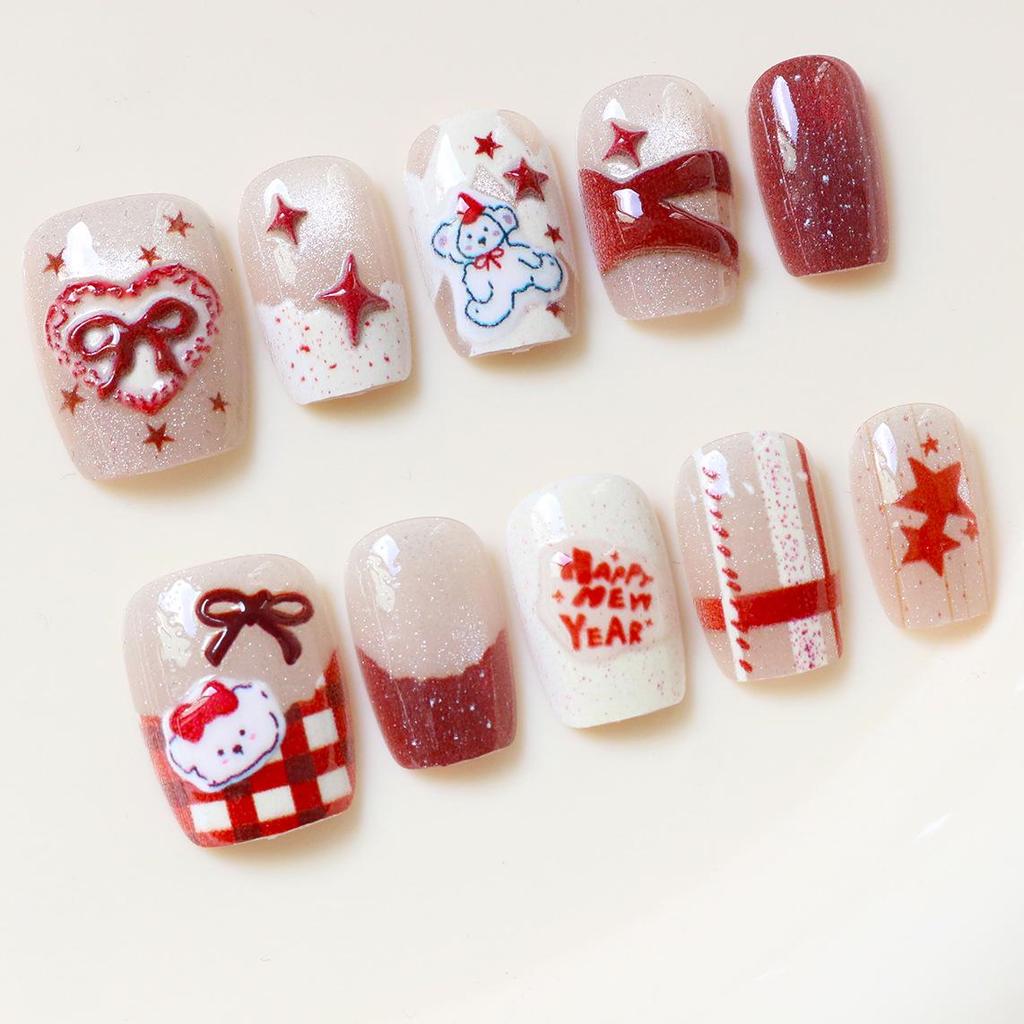 Christmas Cute Cartoon Bear Red Nail Art Stickers - Sweet Style Whitening Nail Tips