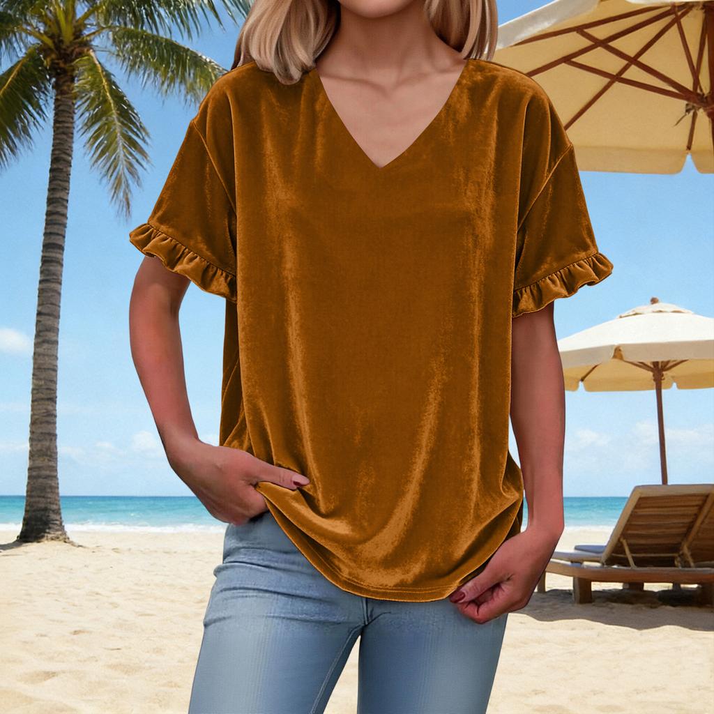 Women's Fashion V-Neck Short-Sleeve T-Shirt: -Color, Loose-Fit Casual Top