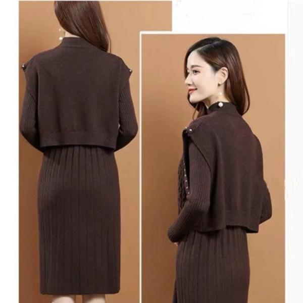 

Вязаное платье-жилет из двух частей для женщин, платье-свитер с длинными рукавами однотонное, повседневный свитер средней длины для осени и зимы 2XL коричневый
