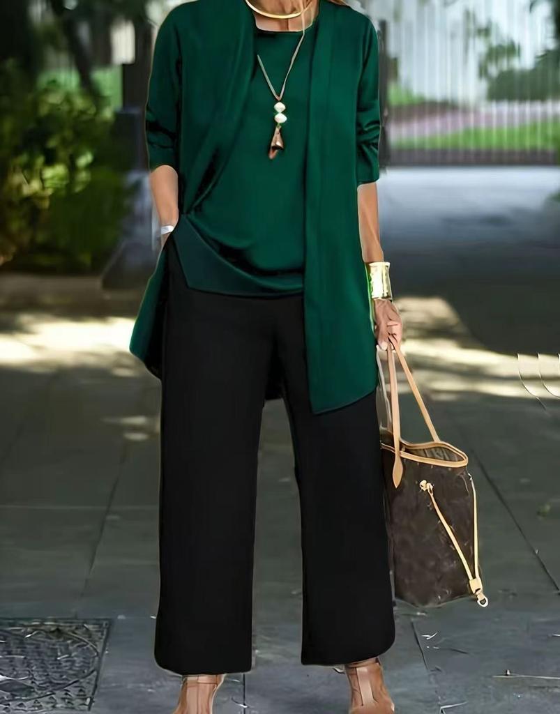 Women's Loose Fit Three-Piece Matching Set Long Sleeve Cardigan Wide Leg Pants Casual Outfit Set