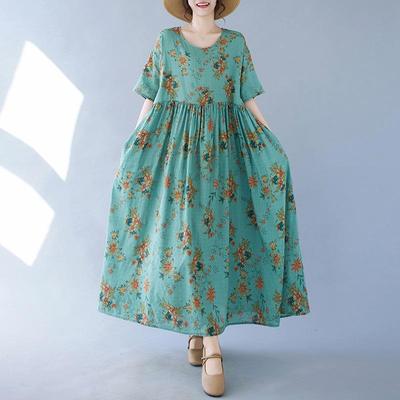 Short Sleeve Plus Size Cotton Vintage Floral New In Dresses for Women Casual Loose Long Summer Dress
