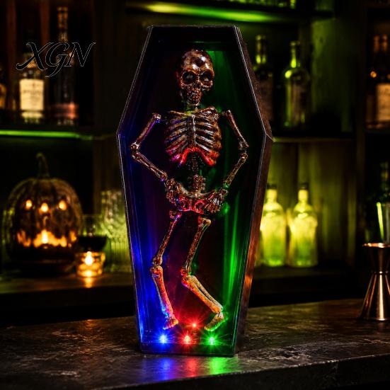 Automatic Dancing Skeleton Halloween in Casket, Light Up Musical Toy with Desktop Decoration LED Lights, Spooky Animated Decor, Party Haunted