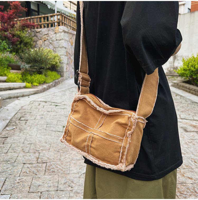 2024 Japanese Ins Canvas Retro Women's Shoulder Bag with Frayed Edges