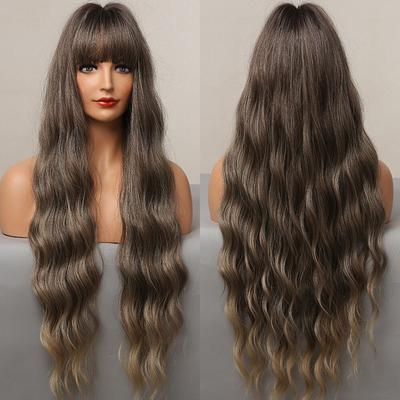 Long Wavy Ombre Dark Brown Wigs for Women Cosplay Daily Hair Wig with Bangs High Temperature Fiber