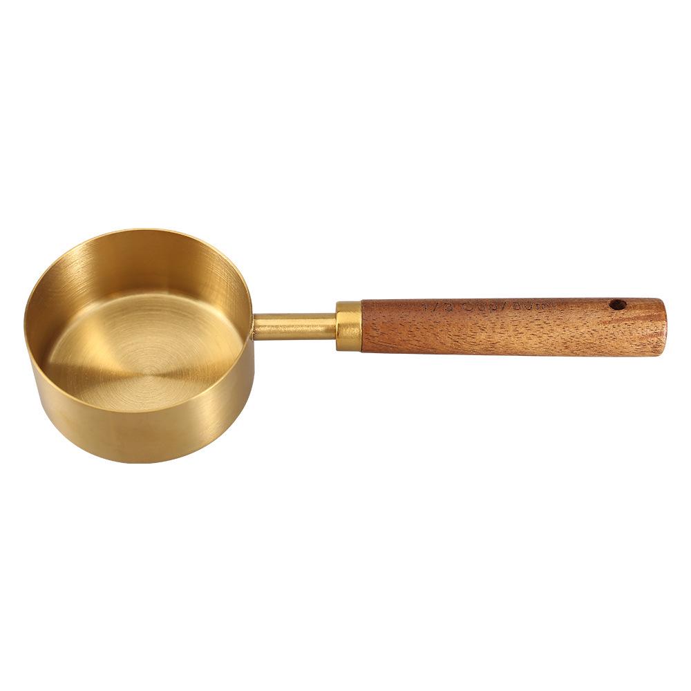 8-Piece Stainless Steel Measuring Cup & Spoon Set with Titanium Gold & Wooden Handles