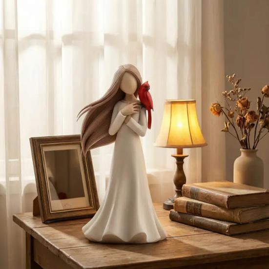 Figure Statue Girl Red Bird Decorative Figurine Smooth Texture Healing Aesthetic Design Home Desktop Ornament