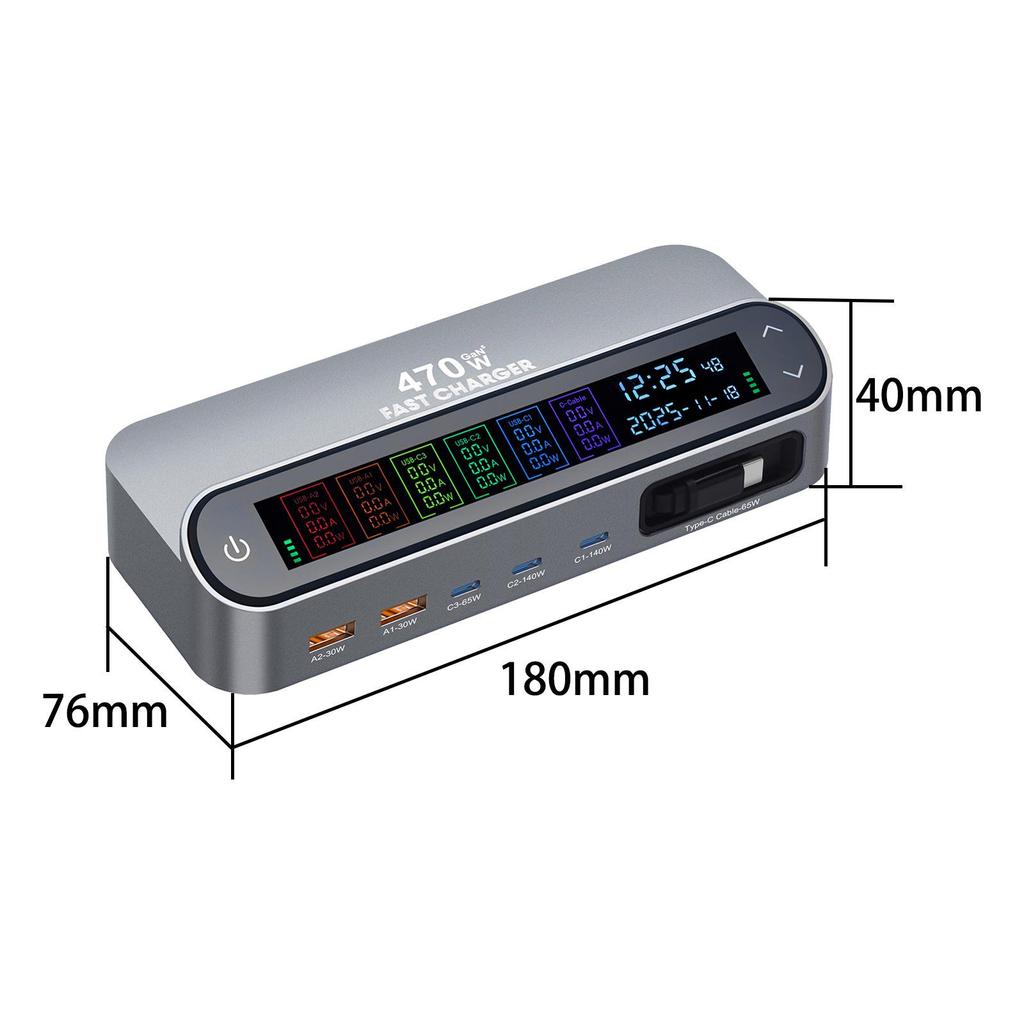 New 470W GaN Retractable Cable Desktop Charger with 405W & 140W Digital Display Outputs