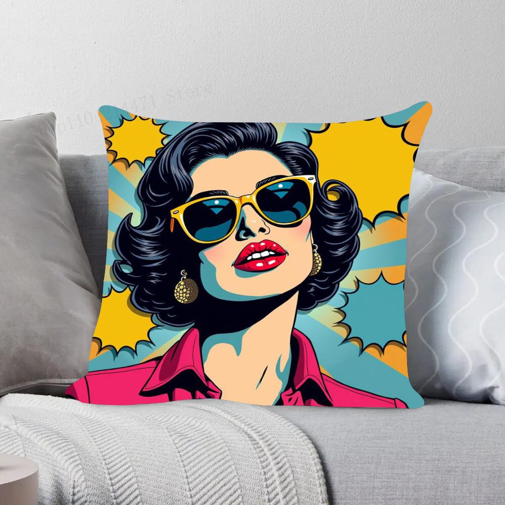 1pc Colorful Pop Art Canvas Comic Woman Pillow Case Square Bedroom Sofa Leisure Comfort Cushion Car Living Room Home Decoration