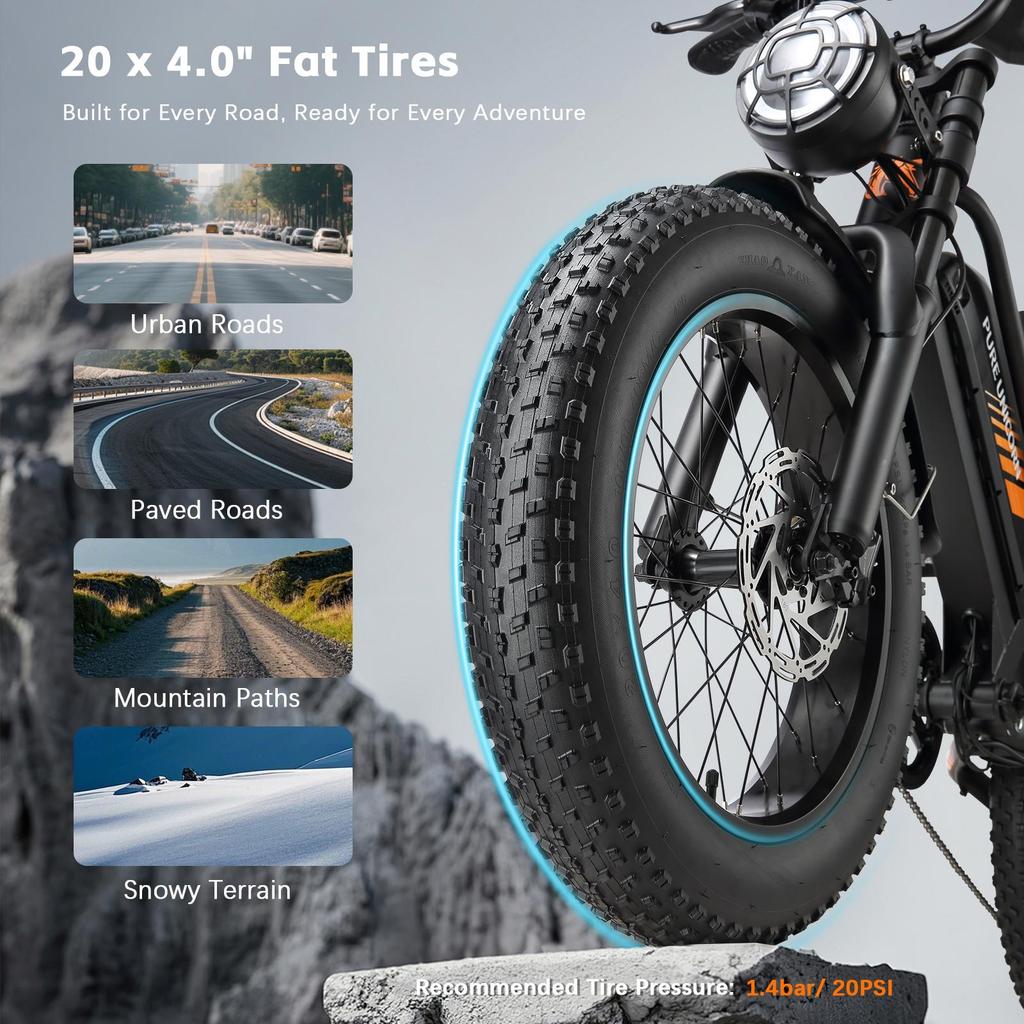 PURE UNICORN U5 City Electric Bike  48V 1000W Motor  48V 19.2Ah Battery  45km/h Max Speed 55-80km Max Range 20 x 4.0" Fat Tires