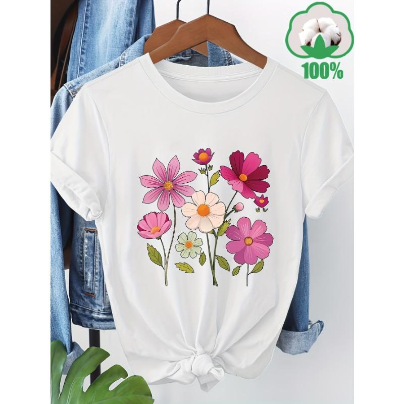 

Floral Pattern Print Full Short Sleeve T-Shirt 8702 S белый