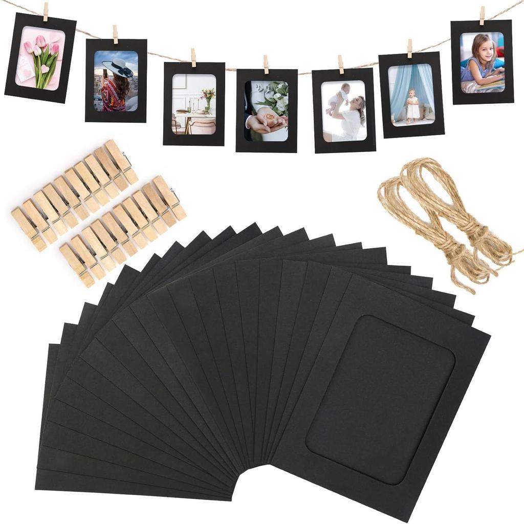 20 Photo Albums, 20 Clips and 2 Rolls of Jute Cord Paper Frame Set, Hanging Photo Display Banner, Suitable for Home, Wedding and Party Decorations
