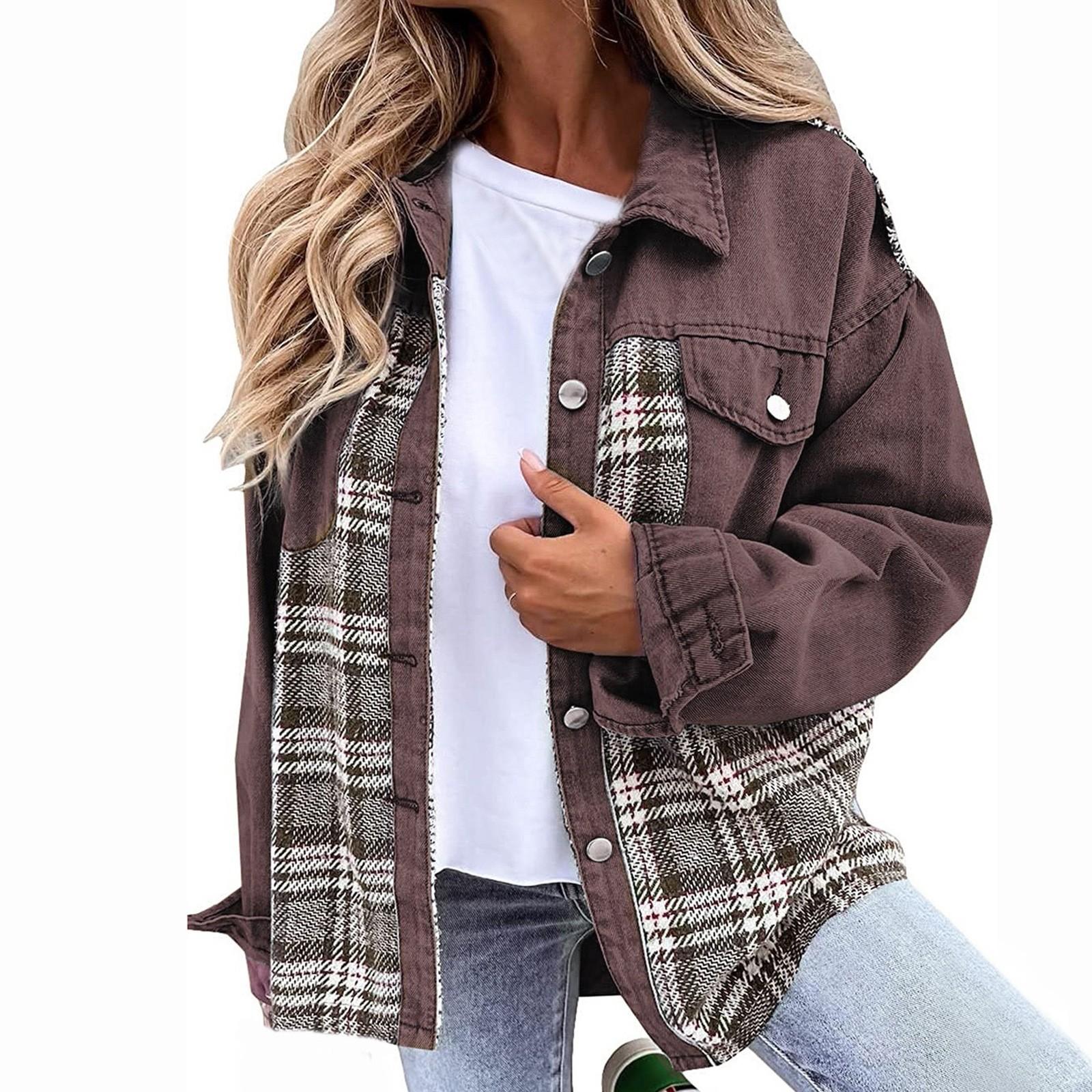 

Женская джинсовая куртка с длинным рукавом, большие размеры, базовая, с лацканами, на пуговицах, укороченная, повседневная, джинсовая куртка, пальто для дальнобойщиков, куртка XXL коричневый