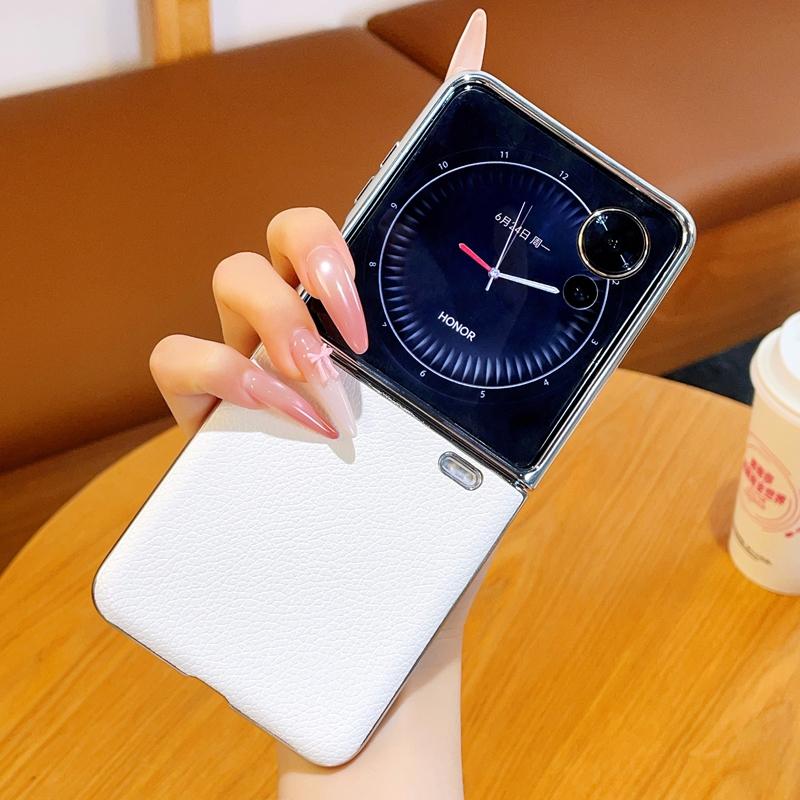 For Honor Magic V Flip 2 Litchi Pattern Solid Color Phone Case PC Hard Shel Plating Frame Protection Solid Color Leather Back Co