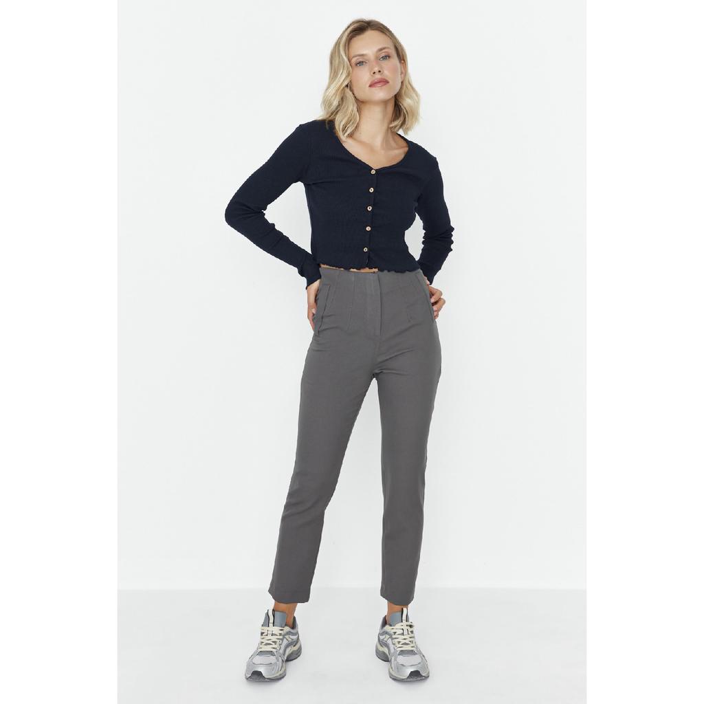 Czarne tkane spodnie w papierosowe wzory, z wysokim stanem i do kostek Twoss20pl0515