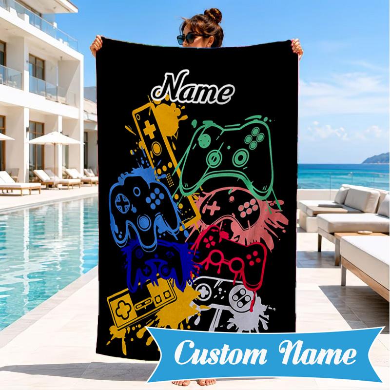 Custom Name Game controller Beach Towel Microfiber Beach Towel, Lightweight and Quick-Dry, for Summer Travel, Swimming Pool Gift