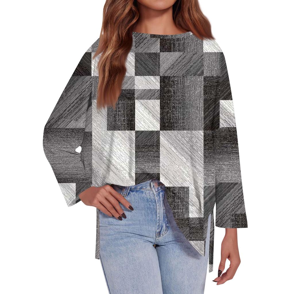 Women's Fashion Oversized Loose T-Shirt Round Neck Long Sleeve Side Geometric Splicing Printed Casual Top