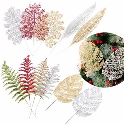 Gold Silver Glitter Hollow Leaf Ornament for Christmas Tree Display