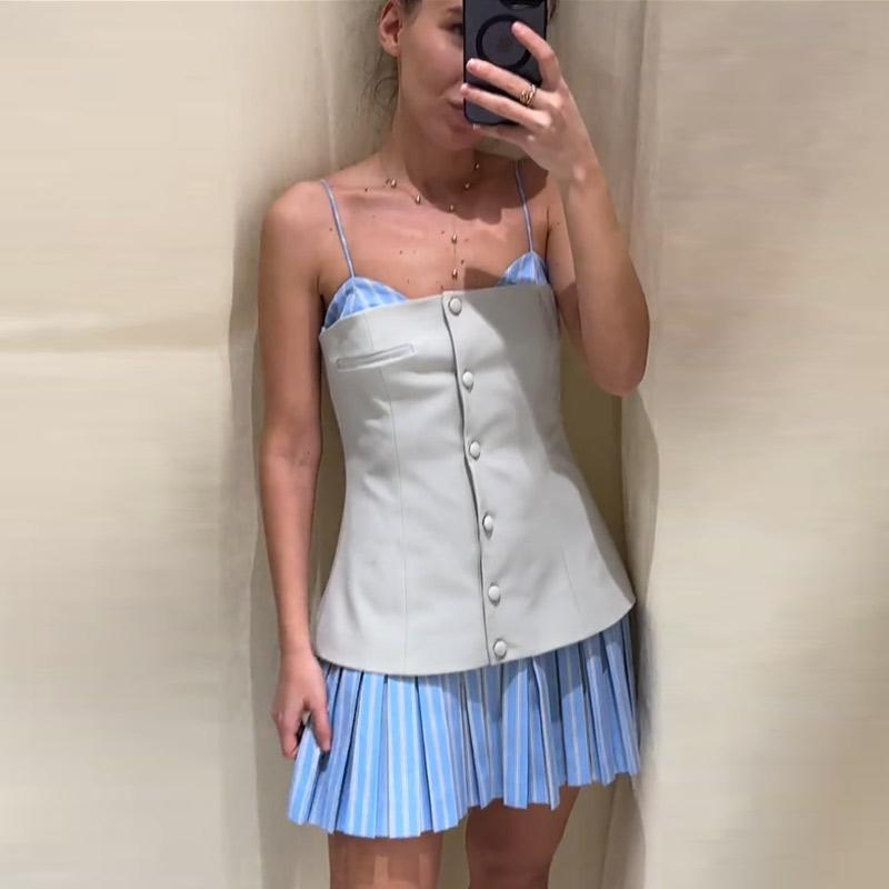 Patchwork Contrast Color Dress Pleated Hem Women Slim Sweet Strap Single Breasted Dresses Blue Y2K College Style 2025 Summer