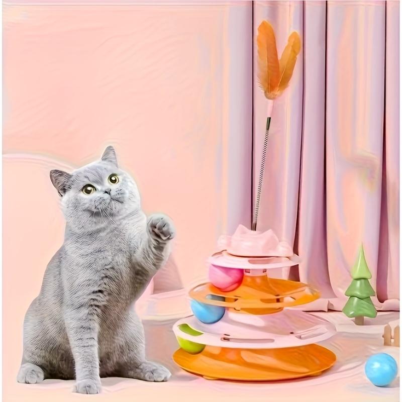 2025 pattern Artificial Feather Cat Rotating Toy Interactive Fun Toy, 3-Layer Rotating Tower with Three Small Balls and Feathers