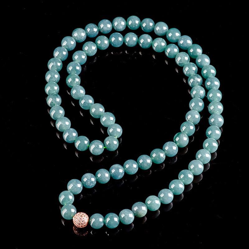 Blue Water Jade Bead Necklace - Ice Type, 6.5mm-12mm Beads, Women's Sweater Chain