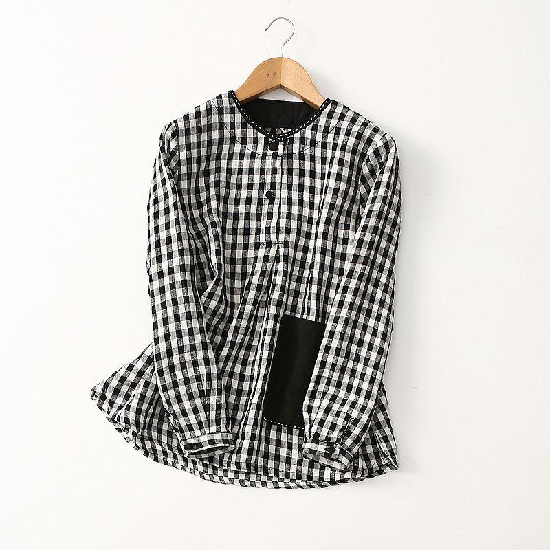 

Brick Cabinet! Artistic Style Loose Cotton Linen Plaid Blouse Women s Long-Sleeved Pocket Patchwork Chinese Button Knots Pullover Shirt Black and White thick grid One size