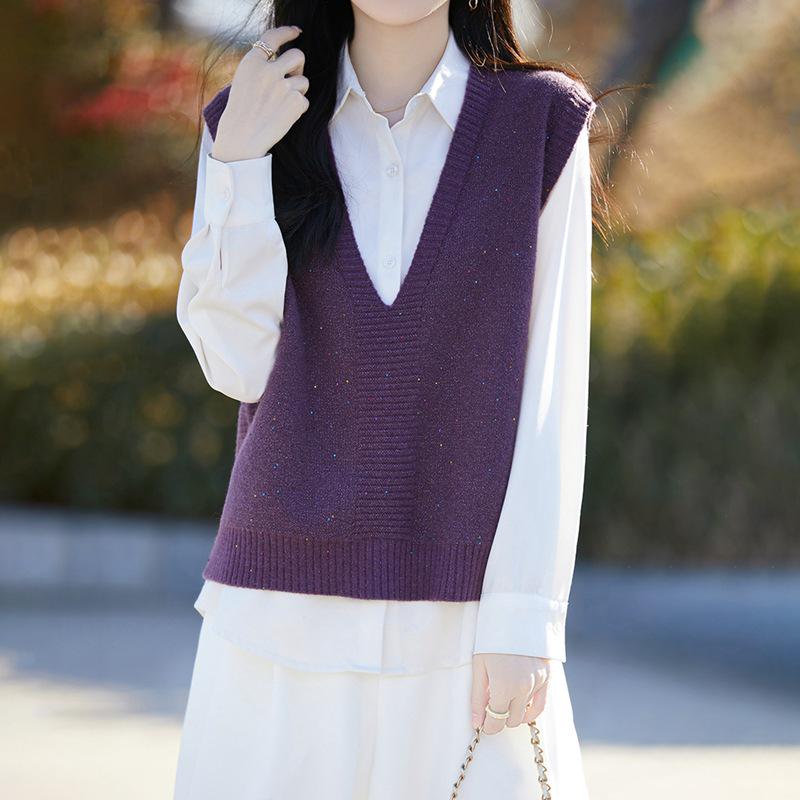 Women's Loose V-Neck Sequin Knit Vest - Fine Wool, Perfect for Spring & Autumn Layering