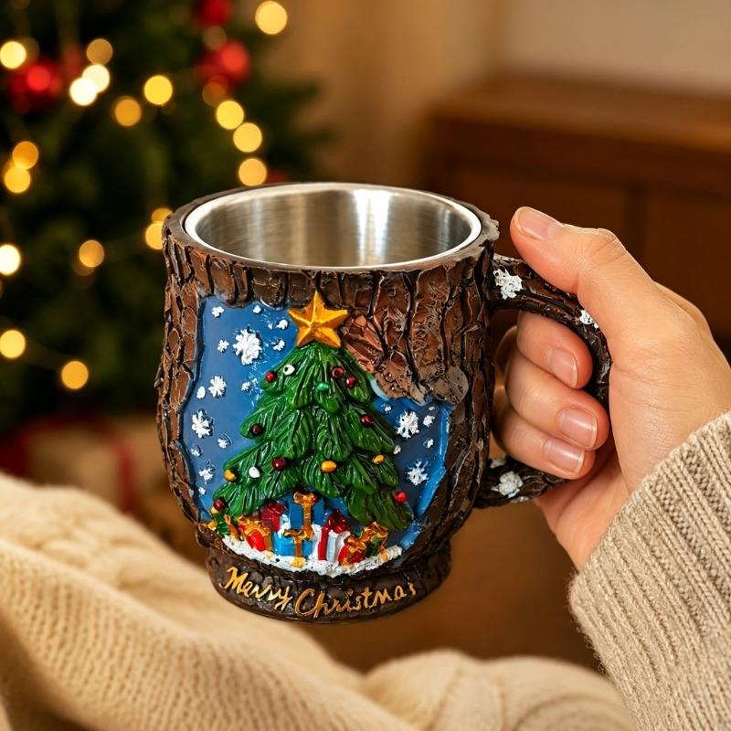 Christmas Tea Cup with Holiday Relief Pattern, Molded Shell, Metal Inner Cup for Gift Use and Winter Table Service