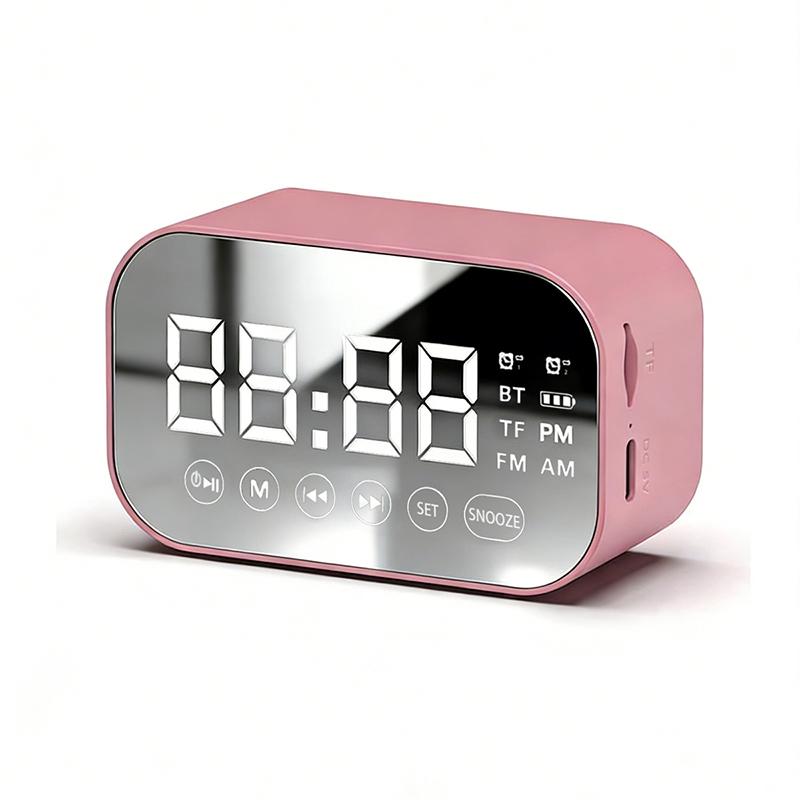 

Multifunctional Bluetooth speaker alarm clock, mirror display with dual alarms, FM radio, portable student bedside clock рожевий