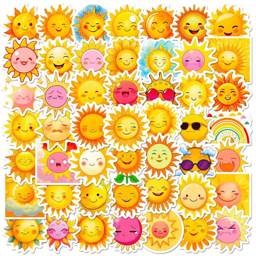 50 Cartoon Sun Stickers Doodle Sun Emoticon Pack Cute Smiling Face Personalized Children's Stickers