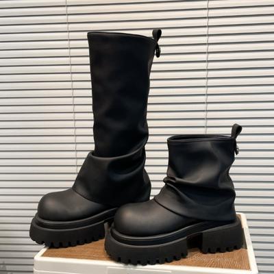 Modne Damskie Wysokie Buty Platforma Grube Botki Zmarszczone Projektant 2025 Zima Nowe Buty Do Kolan Chelsea Goth Moda Botas Mujer
