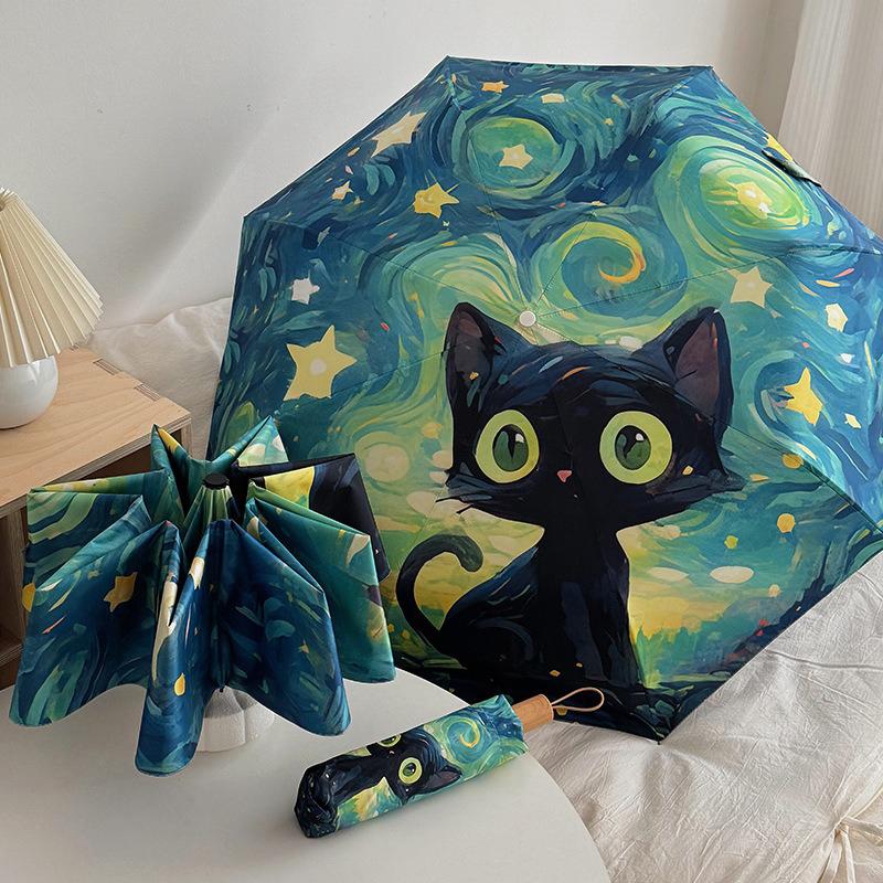 Blue Green Purple Powder Cat Cartoon Fold Umbrella Fully Automatic Umbrella Women'S Dual-Purpose Sun Umbrella Portable Umbrella