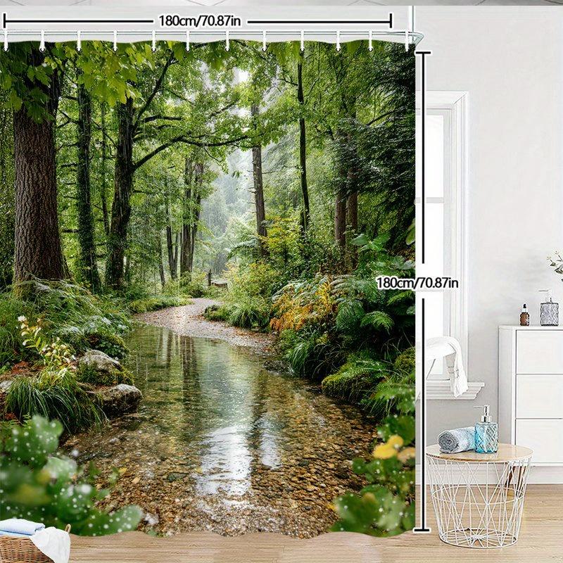 Waterproof Shower Curtain Featuring a Tranquil Forest Stream Scene for a Relaxing and Nature Inspired Bathroom Decor