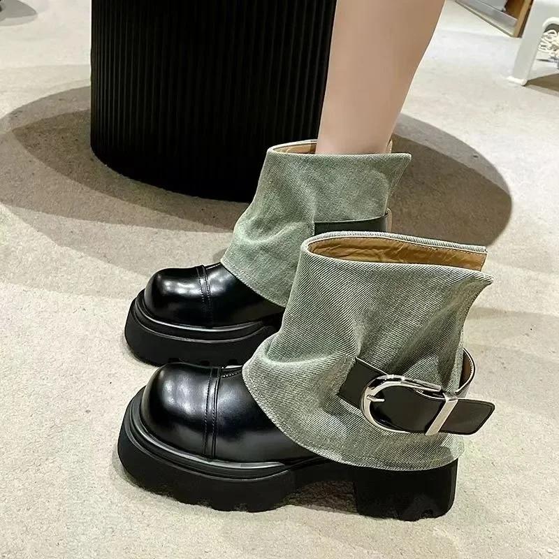 Women Punk Boots Buckle Design Shoes Chunky Motorcycle Boot Cool Street Y2K Platform Ankle Round Head Casual Outdoor Shoe Female