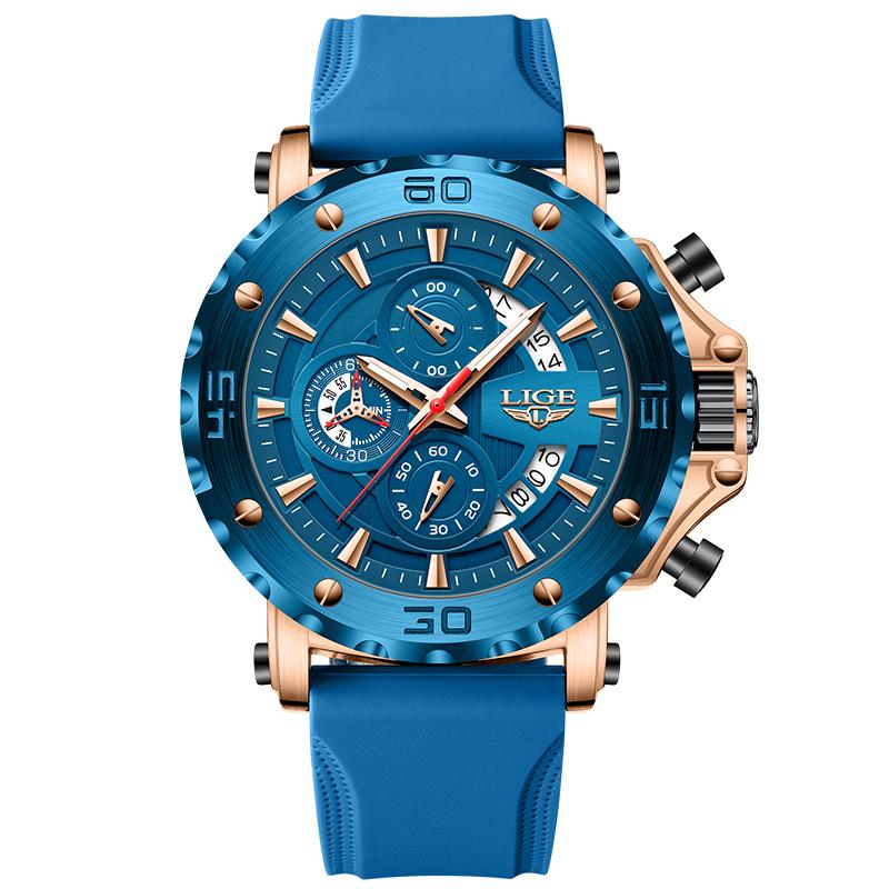 LIGE mens wristwatch luxury chronograph luminous quartz calendar silicone strap fashion business casual male watches reloj