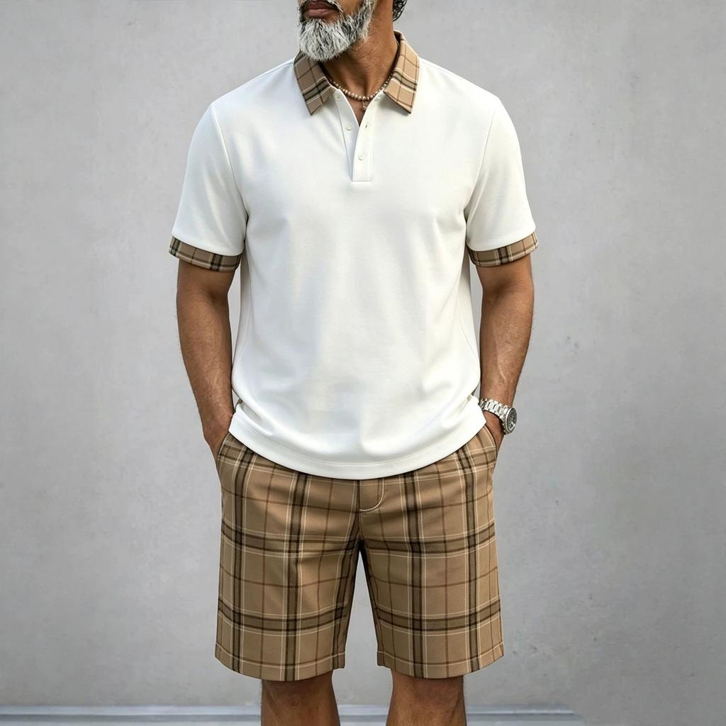 Men Casual Plaid Short Sleeve Polo Shirt And Shorts Outdoor Sports Set