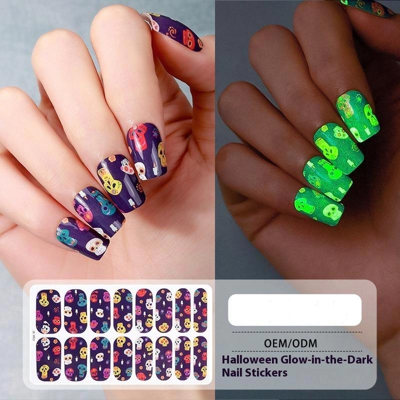1 Arkusz Naklejki na Paznokcie na Halloween Wodoodporne Europejskie i Amerykańskie Kreskówkowe Dziecięce Słodkie Bez Pieczenia Nocne Światło Ozdoba Paznokci