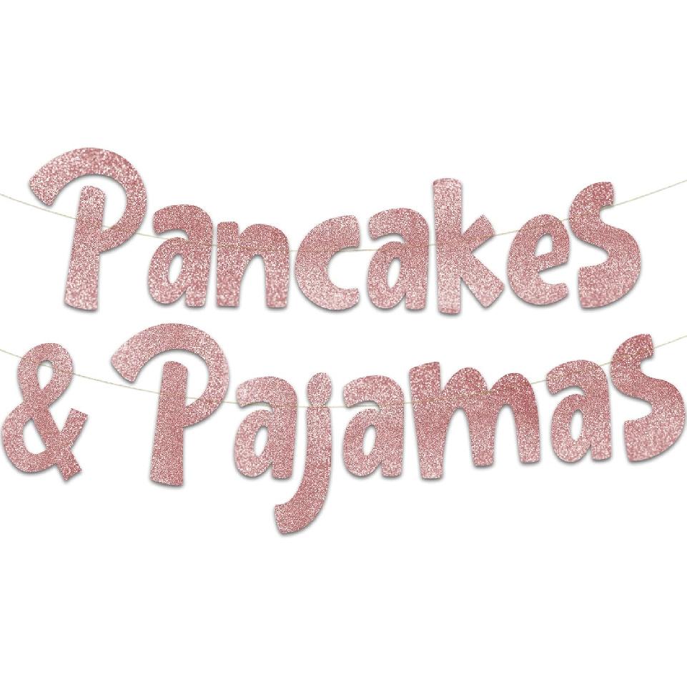 Pancakes & Pajamas Pink Glitter Banner – Slumber Party – Pajama Party – Girls Night In Decorations, Supplies, Favors and Gifts Pink - Rose Gold