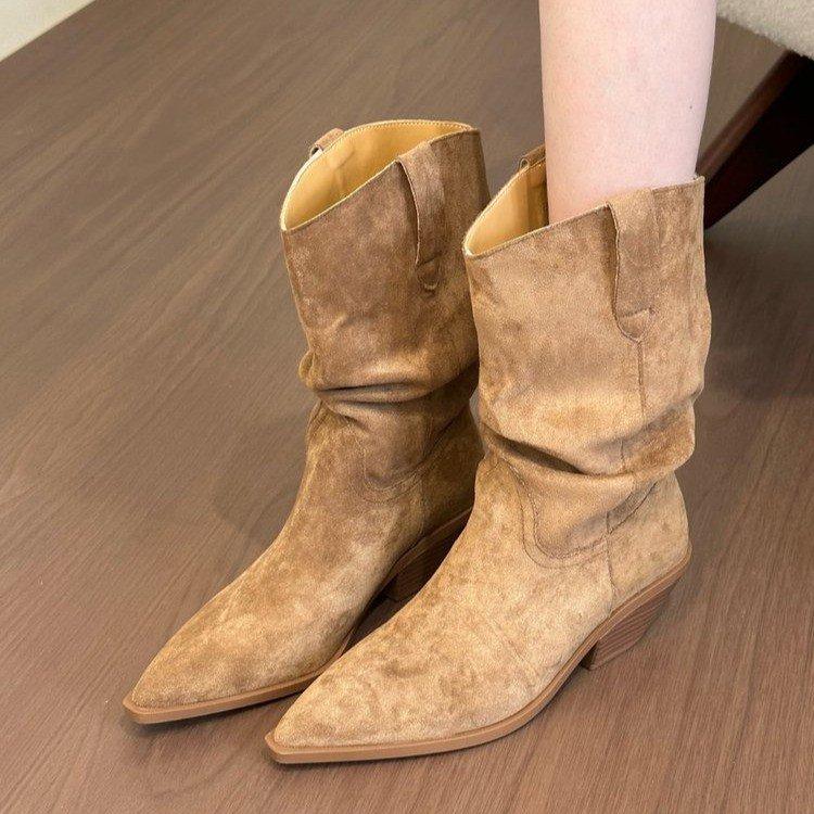 Cowhide version! Pointed thick heel stacked boots medium boots 2025 autumn and winter brown short boots but knee small boots
