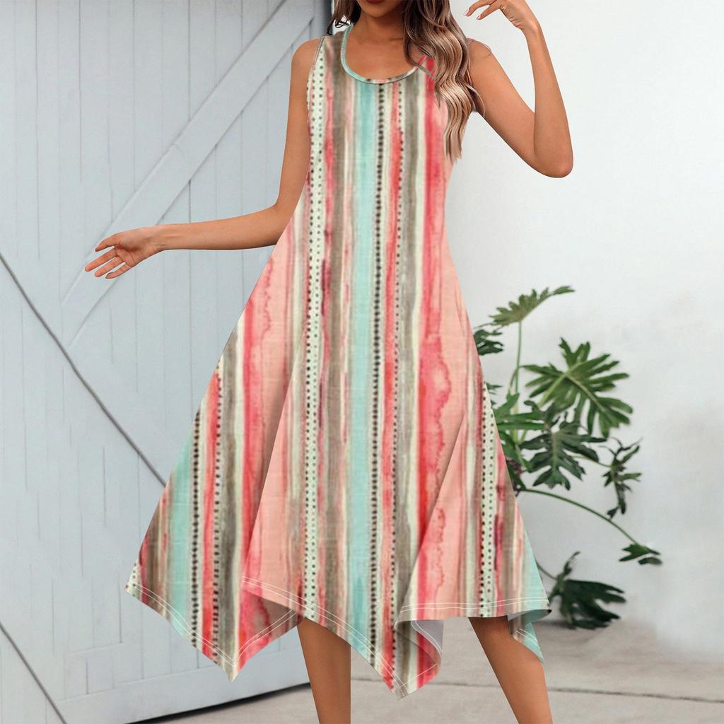 Damen Casual Fashion Rundhals ärmelloses Print unregelmäßigen Saum Midikleid