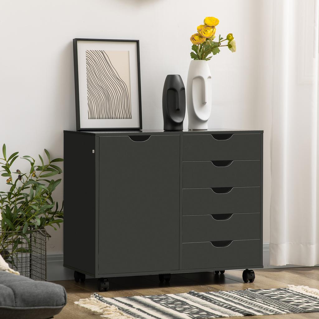 Office Cabinet With 5 Drawers 1 Door Adjustable Shelf Printer Stand On Wheels 78x40x66.5 Cm Black