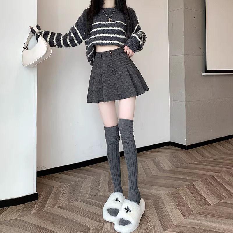 Women's High-Waist Wool Pleated Skirt - Autumn Winter Slim A-line, Anti-Exposure, Casual Short Skirt