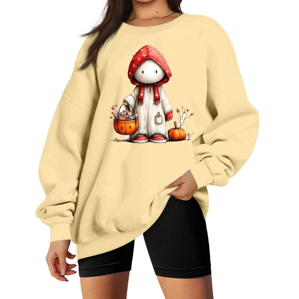 Women's Long Sleeve Neck Sweatshirt Loose Fit Casual Pullover Top with Small Halloween Print