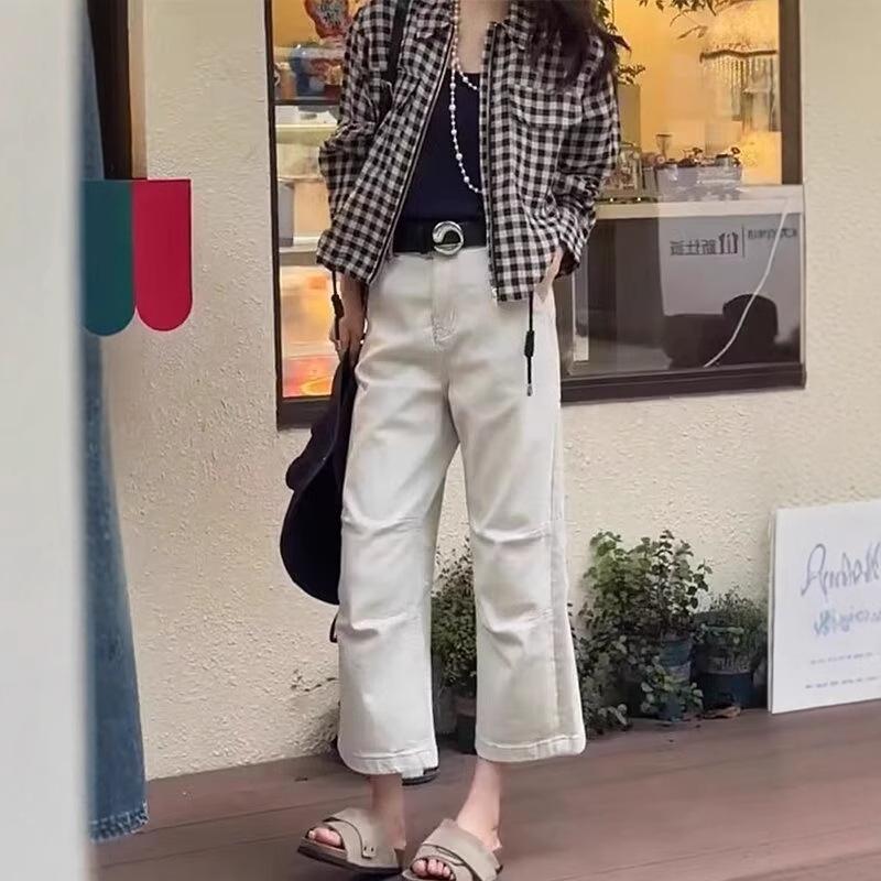 Women's High Waist Pleated Jeans - Slimming, Loose Wide-Leg, Light Color, Petite Fit - 2024 Spring/Autumn Fashion.