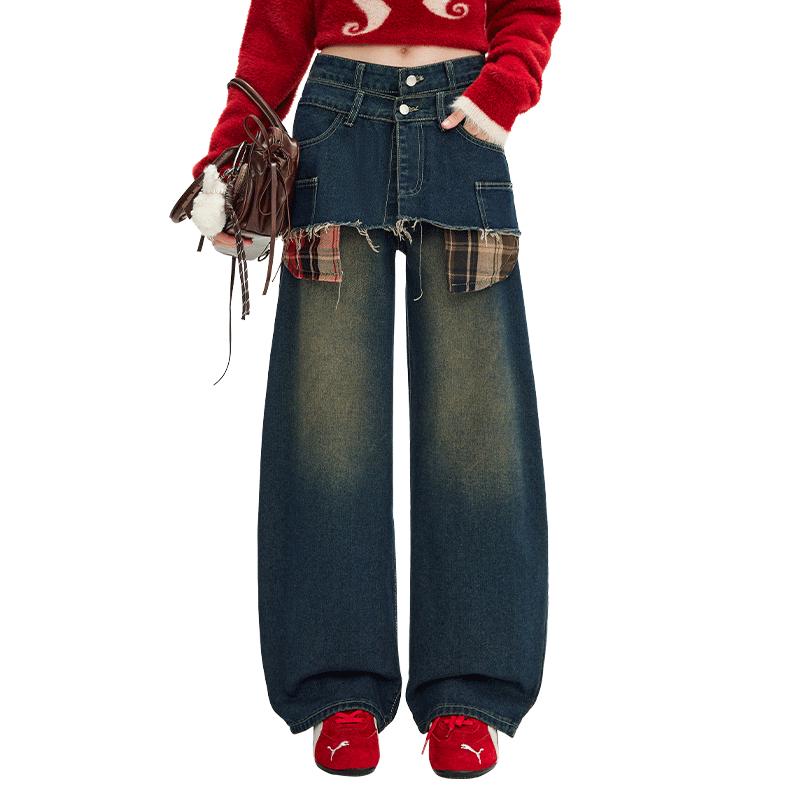 

UNIFREE Women s Washed Loose Curved-Leg Jeans M