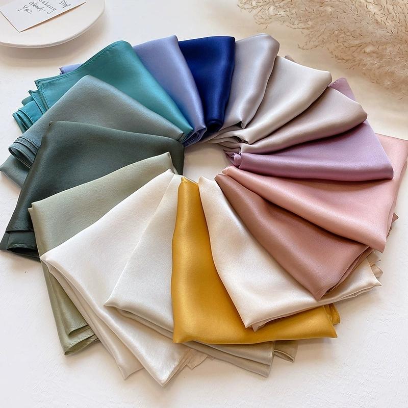 53CM Square 100% Mulberry Silk Scarf Solid Color Roll Edge Small Head Neck Hijab Women Decoration Kerchief Silk Bandana Scarves